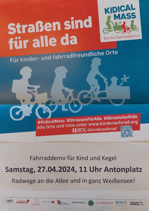 Kidical mass: Fahrraddemo für Radwege an die Allee und in ganz Weißensee