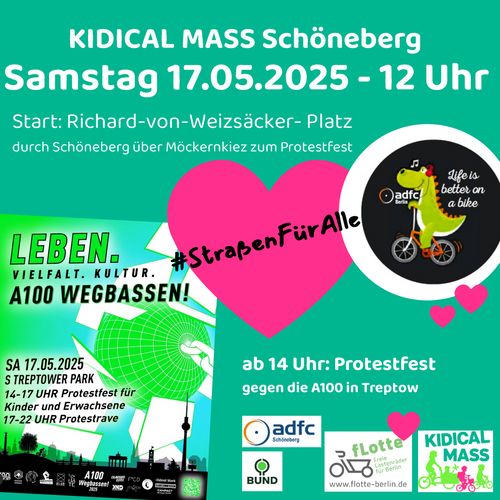 Kidical Mass Schöneberg: KinderFahrraddemo im Kiez und anschließend Zubringer zum A100 Protestfest